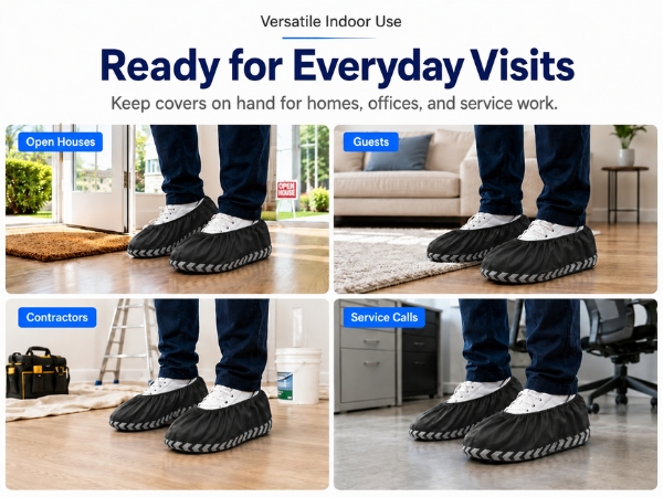 Disposable black shoe covers for homes, offices, open houses, and service calls