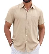 ROUWELL Mens Linen Shirt Short Sleeve Wrinkle Free Casual Untucked Button Down Shirts Beach Breat...