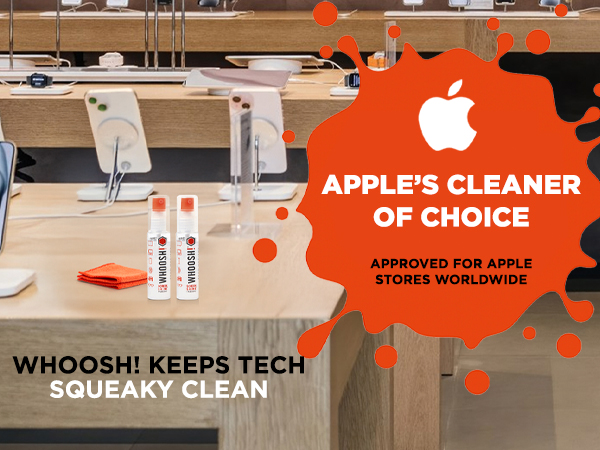 Text reads 'WHOOSH! KEEPS TECH SQUEAKY CLEAN' and 'APPLE CLEANER OF CHOICE'. Marketing images with red splatter design elements and Apple product silhouettes.