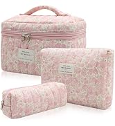 3pc Makeup Bag Set, Quilted Makeup Bag Set, Large Floral Cosmetic Bag for Women, Cute Cotton Make...