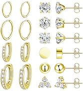 Nunpag 10 Pairs Stainless Steel Stud Earrings Colorful CZ Stud Earrings 20G Stud Earings 8mm 10mm...