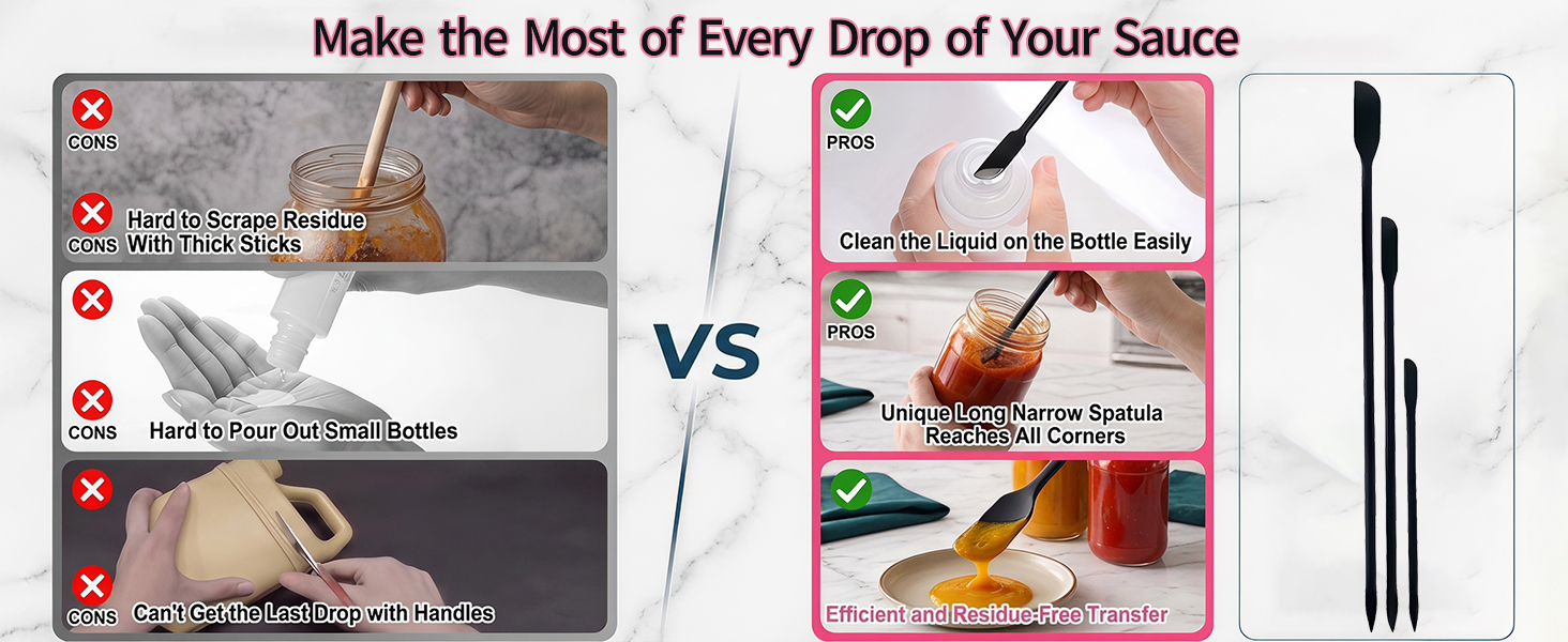 slim scraper tools reach inside small bottles and jars to scoop residual sauces and condiments