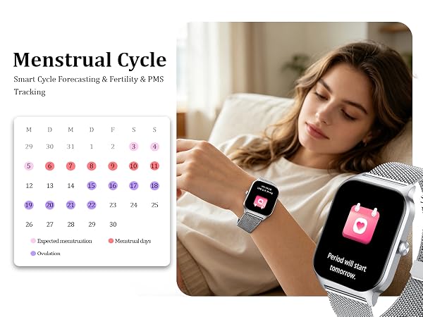 Text reads 'Menstrual Cycle' and 'Smart Cycle Forecasting & Fertility & PMS Tracking'. Composite showing calendar grid and woman wearing two smartwatches displaying cycle tracking app interface.