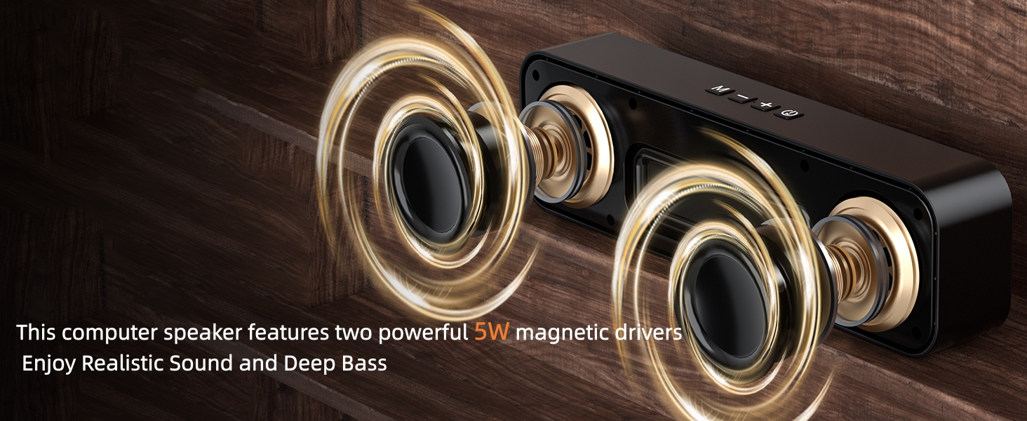 Desktop computer speaker with dual 5W drivers, deep bass and surround sound.