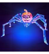 Pumpkin Spider Outdoor Halloween Decorations,47" Pre-lit Prismatic Dynamic Eyes Spider Decor with...