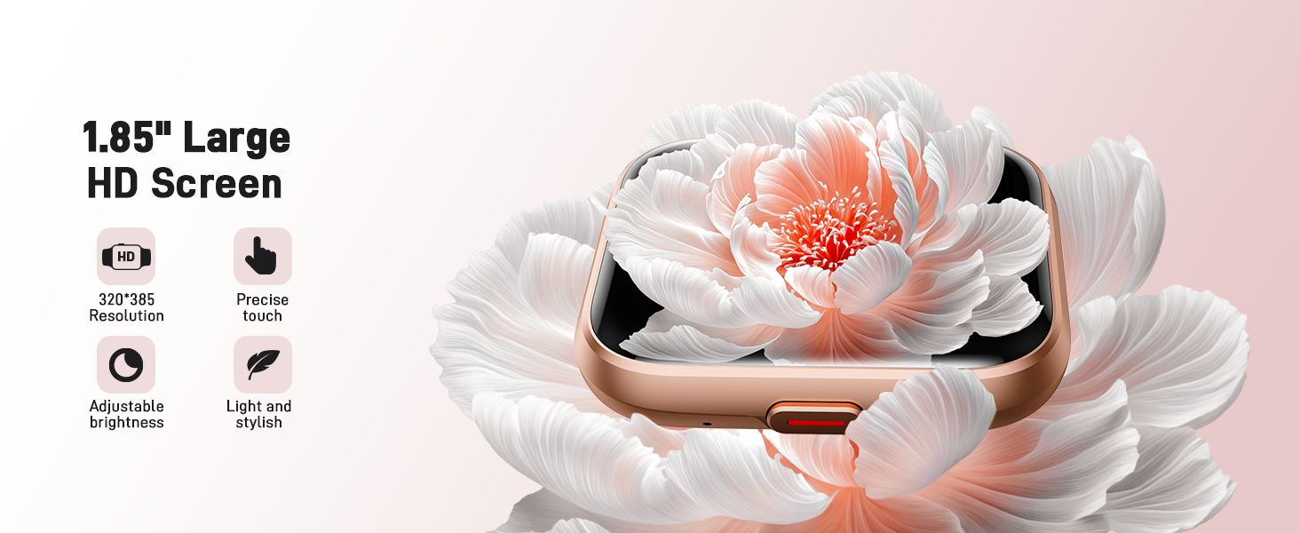 Smartwatch with rose gold case displaying a large pink flower on its 1.85-inch HD screen. Device features touch control and is nestled among white flower petals.