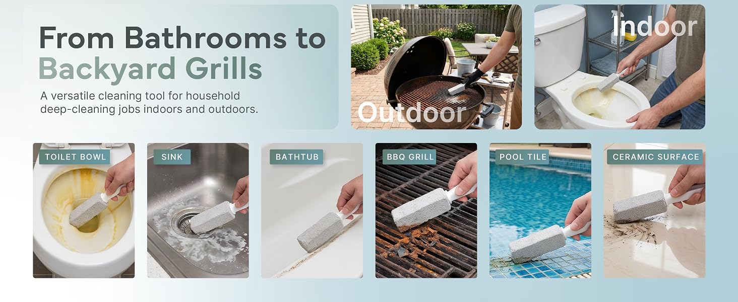 "From Bathrooms to Backyard Grills" ad showing indoor and outdoor pumice stone cleaning uses