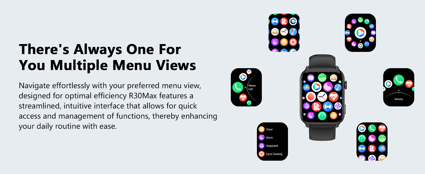 This smartwatch offers multiple menu modes, allowing for easy switching between various functions.
