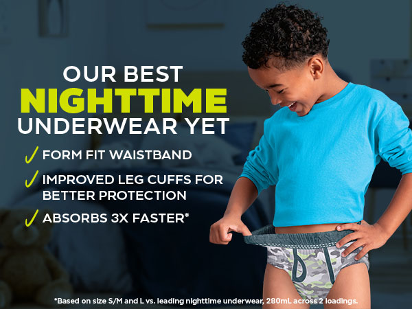 Our best nighttime underwear yet. Form fit waistband, improved leg cuffs, absorbes 3X faster*