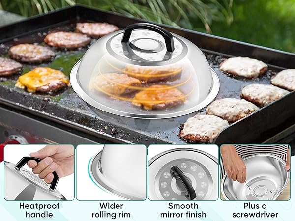 Large round basting cover is 12-inch for melting cheese steaming veggies covering meats cooking BBQ