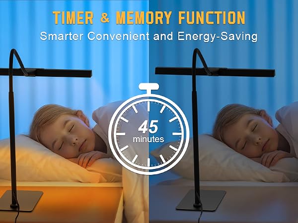 Desk lamp with timer and memory function, showing 45-minute auto-off feature. Demonstrates warm and cool lighting modes for sleeping person, highlighting energy-saving capabilities.