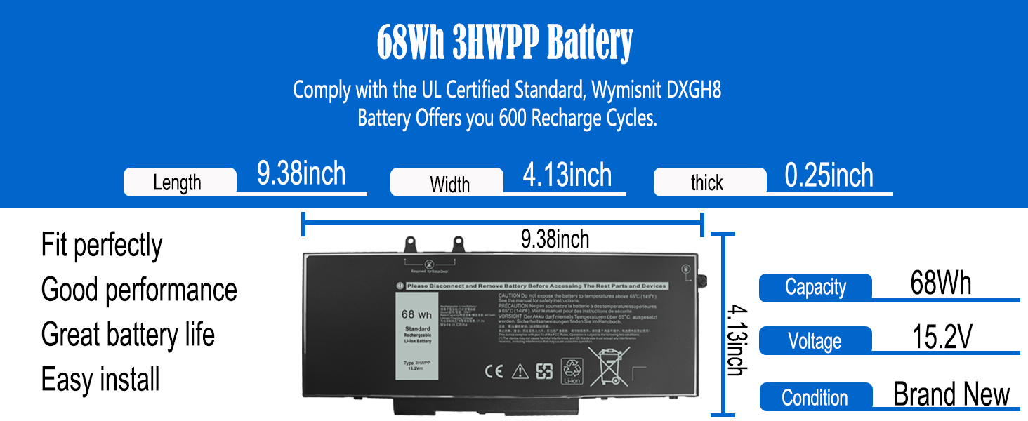 68Wh 3HWPP Replacement Battery for Dell
