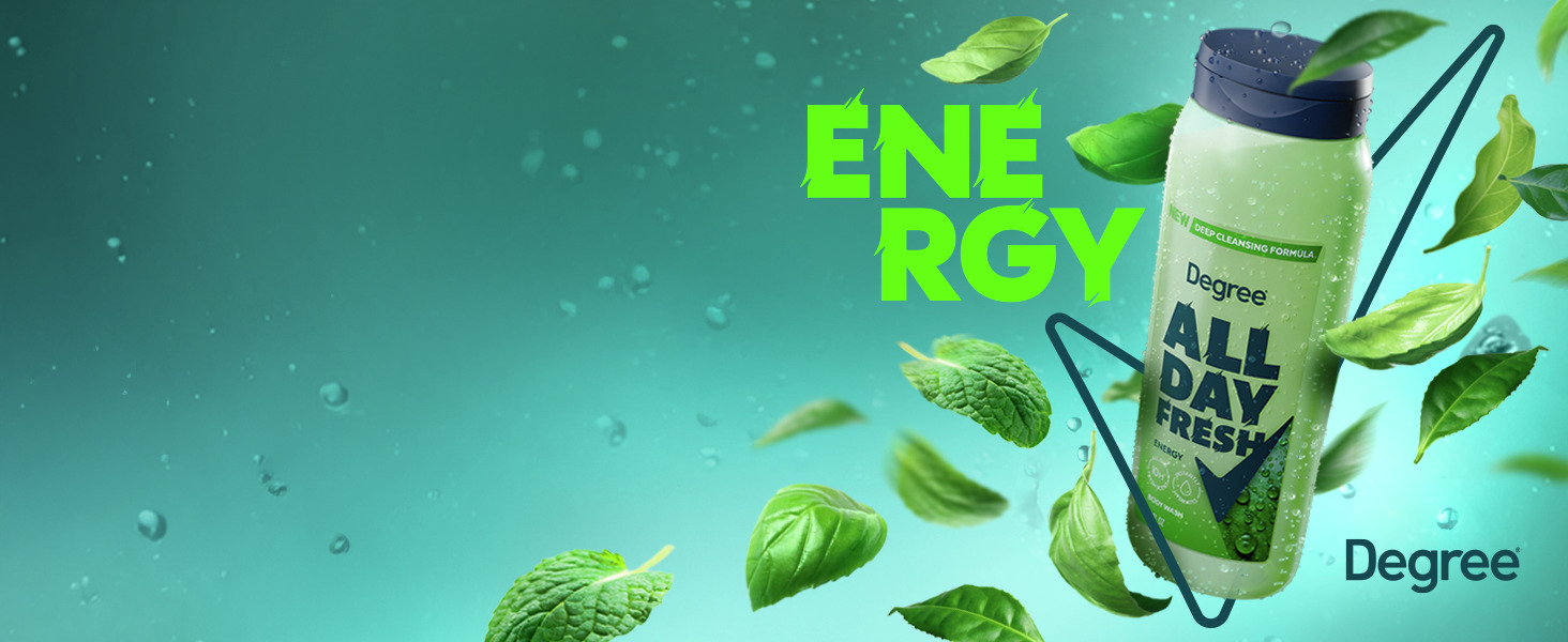 A green Degree Body Wash bottle surrounded by leaves with the text ENERGY in green