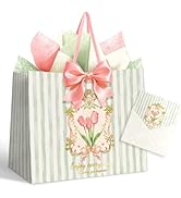 NICROHOME EUR 13'' Large Gift Bags, Green Striped Paper Gift Bag with Greeting Card Tissue Paper,...