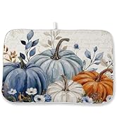 Fall Dish Drying Mat 18x24 Inch Blue Orange Pumpkin Leaves Fall Decor Drying Mat Autumn Harvest T...
