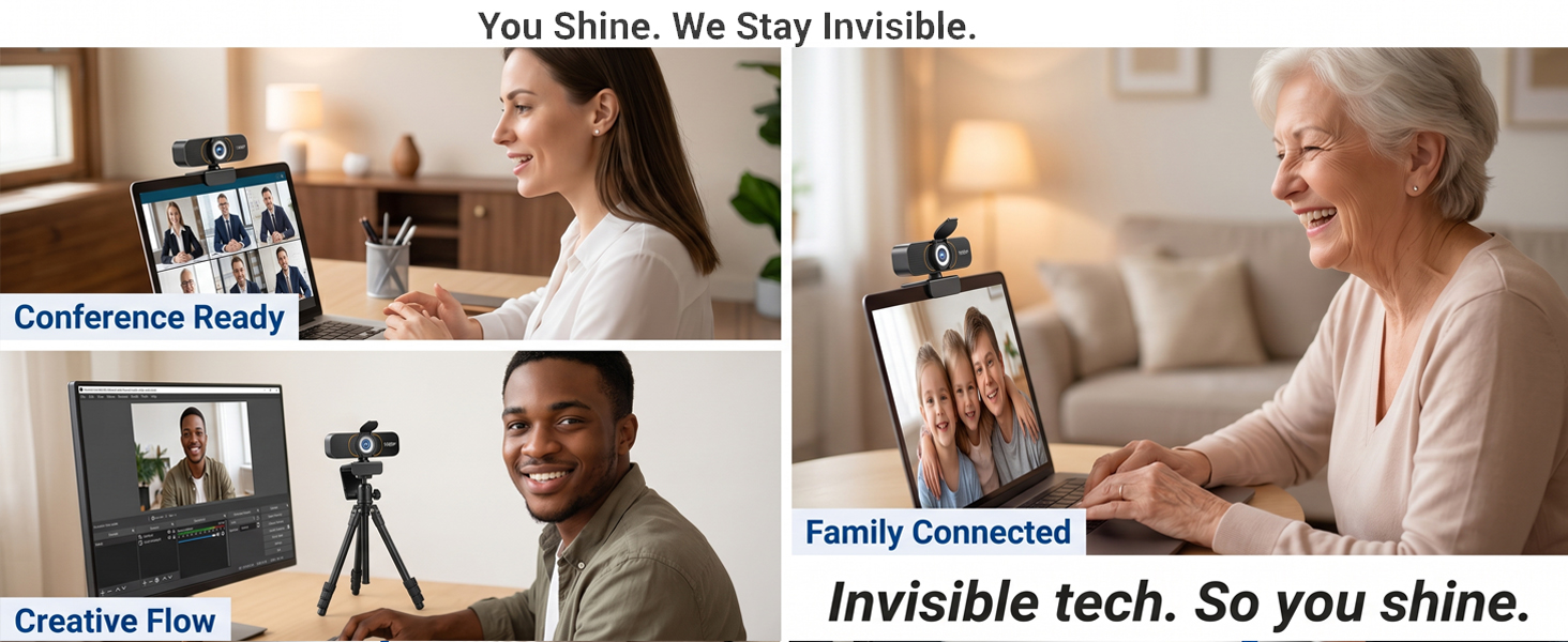 Confident woman, happy grandparent, creator. Text: You shine, we stay invisible.