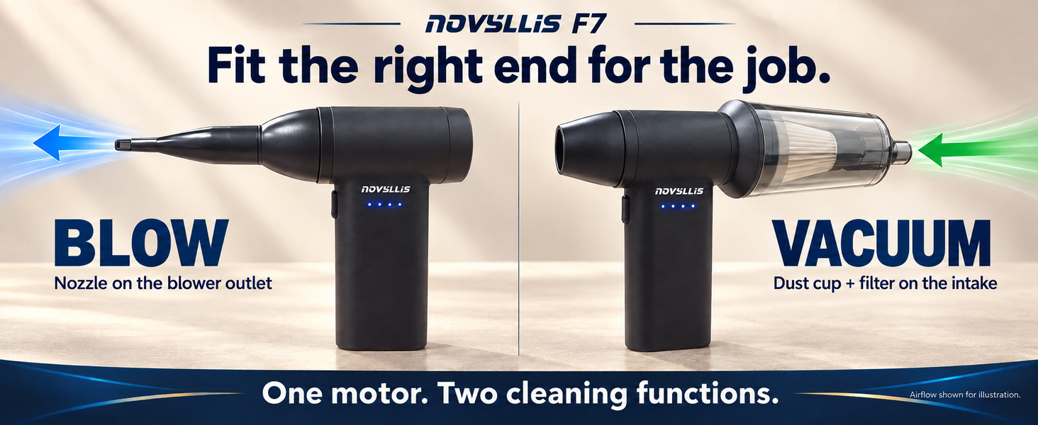 2-in-1 air duster and mini vacuum showing blower nozzle and vacuum dust cup with filter
