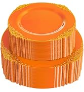Joyido 102PCS Orange Plastic Plates - Orange and Gold Disposable Plates - Party Plate with Gold R...