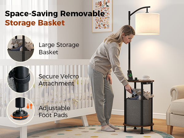 Modern floor lamp with a removable storage basket, side table, and adjustable foot pads.