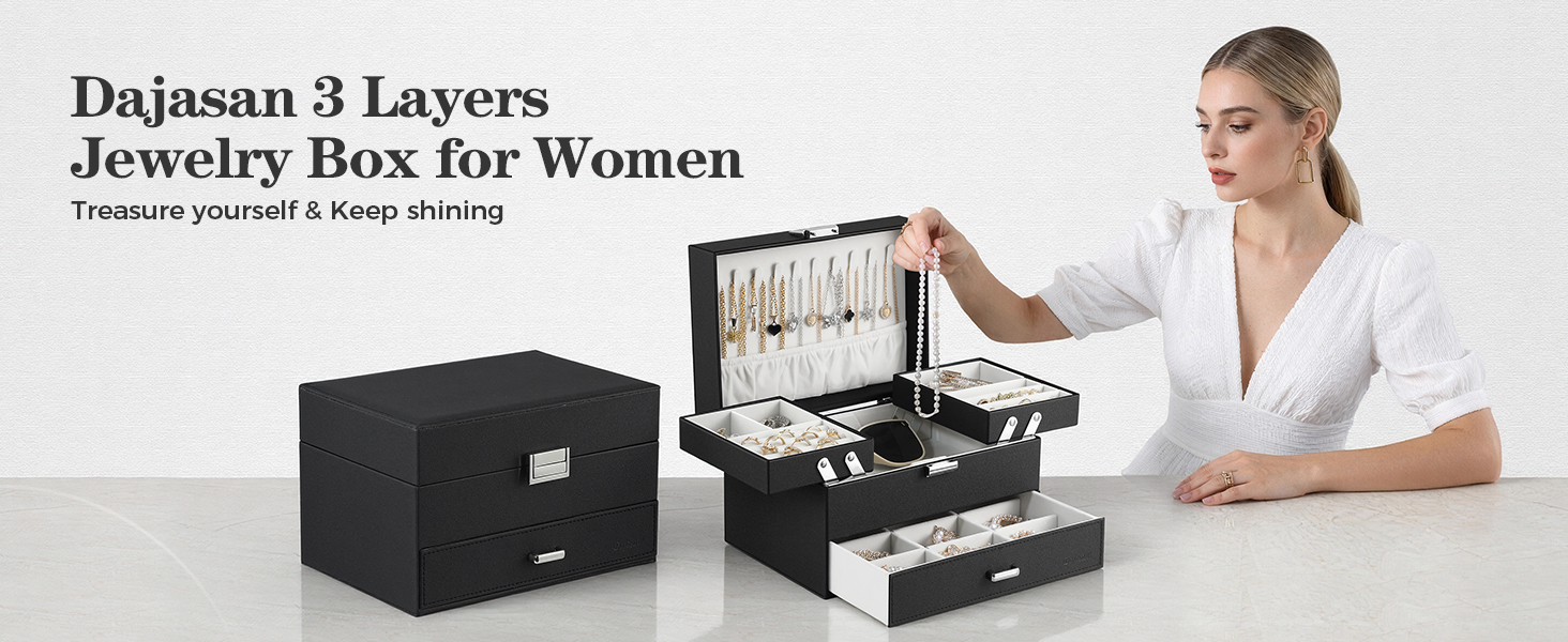 Dajasan 3-layer black jewelry box, premium textured PU leather, vanity organizer for women