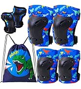 FIODAY Knee Pads for Kids Youth Dinosaur Knee Elbow Pads Wrist Guards with Drawstring Bag Adjusta...