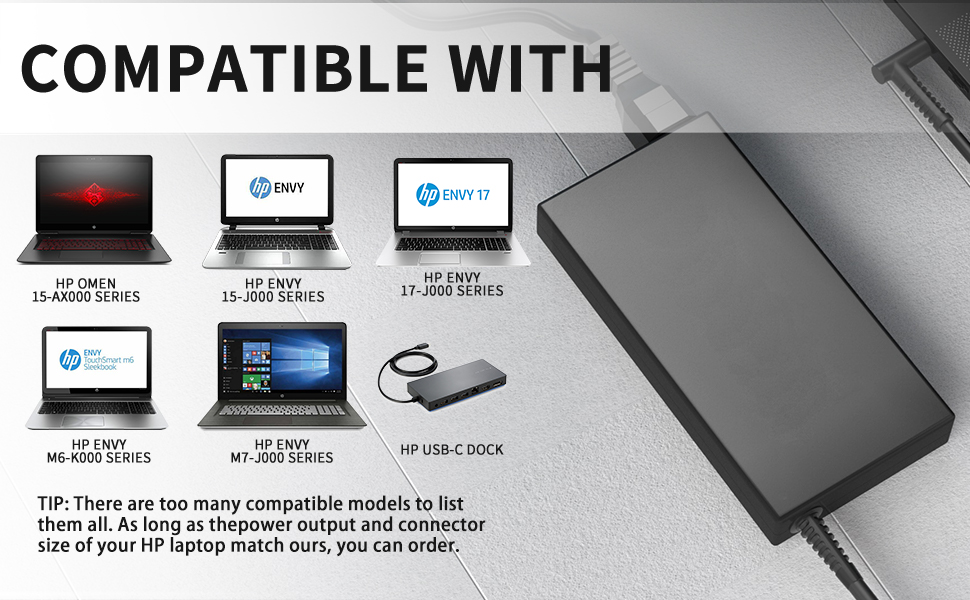 120w hp charger is COMPATIBLE WITH OMEN 15 SERIES, ENVY 15 SERIES, ENVY 17 SERIES, and HP USB-C DOCK