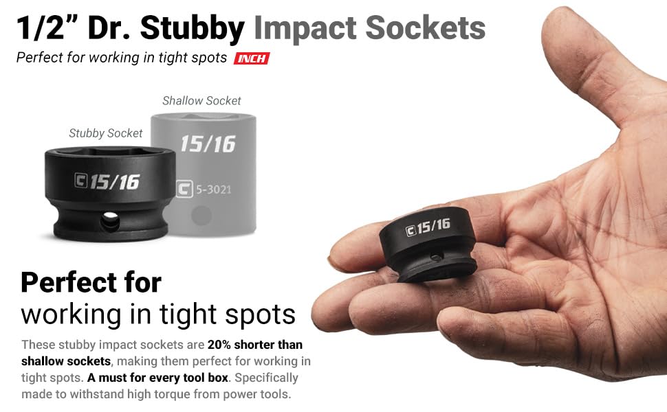 1/2" Dr. Stubby Impact Sockets, SAE