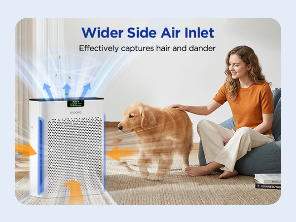 White air purifier with wide side air inlet captures pet hair and dog dander without clogging