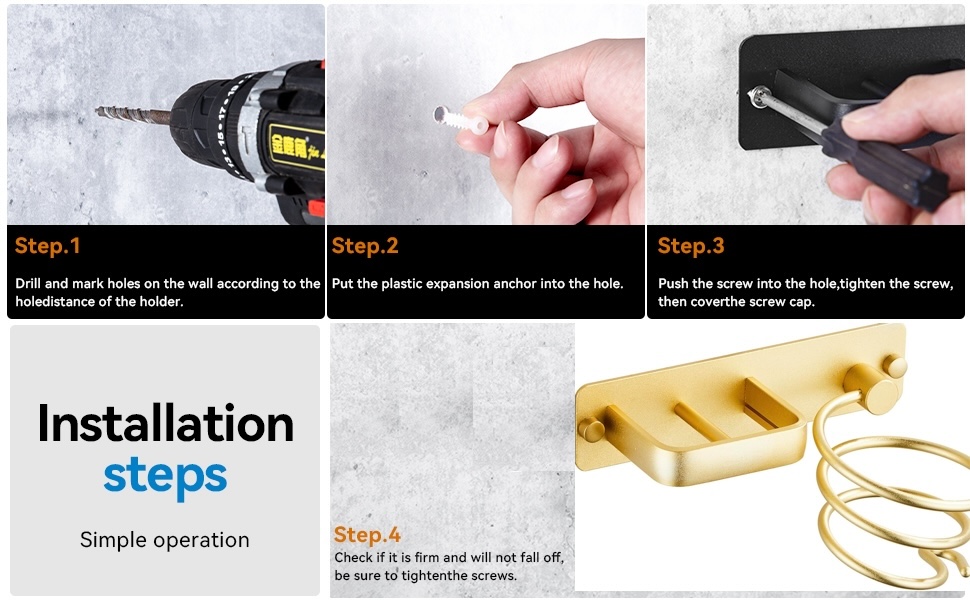 Four-step installation guide for a product. Shows using a drill, inserting anchors, and attaching a device to a wall or surface.