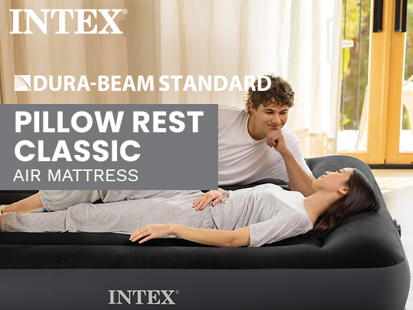 Intex Dura Beam Pillow Rest Classic Airbed Mattress with Built-In Pump, Queen