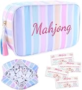 MRYAWXBK Mahjong Tile Bag with Zipper, Striped Embroidered Mahjong Storage Pouch Bags for Tiles B...