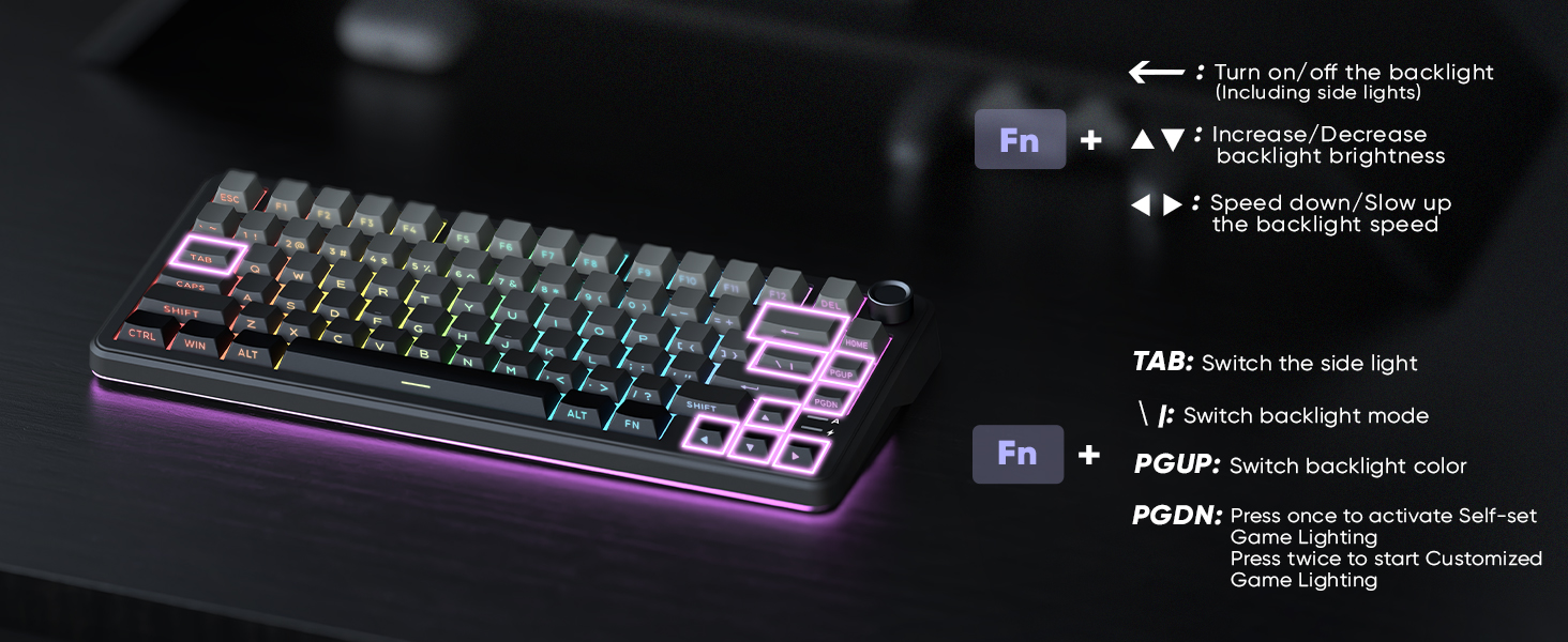 Text reads: 'FN + PGUP turn on/off backlight', 'FN + PGDN adjust backlight brightness'. Mechanical keyboard with RGB backlight shown in different lighting modes.
