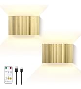 Folux Battery Operated Modern Metal Pleated Wall Sconce Set of 2 Gold, Stepless Dimming Magnetic ...