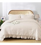 JOLLYVOGUE Beige Queen Comforter Set, 3 Pieces Seersucker Comforters Queen Size, Lightweight & Fl...