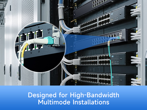 Duplex LC to LC multimode fiber patch cable compatible with SFP+ transceivers