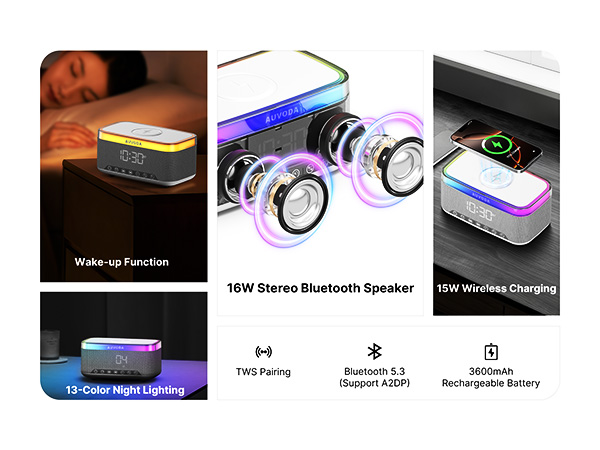 16 W stereo Bluetooth speaker supports wireless charging, 12-color LED lights and wake-up function