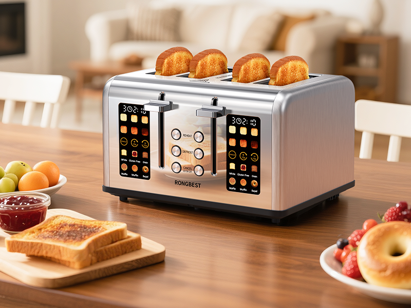 Smart toaster functions: browning control, bread presets, energy-saving touchscreen design.
