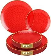 64 Pcs Red Plasitc Plates, 32 Guests Clear Red Disposable Plates with Gold Rim, Hammered Plastic ...