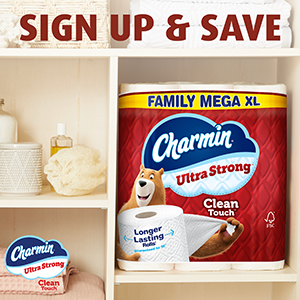 Picture of the Charmin Ultra Strong Family Mega XL package. Image reads "Sign Up and Save"