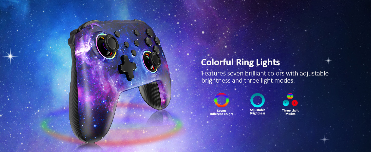 The controller can display 7 different colors of light and 3 different levels of brightness.