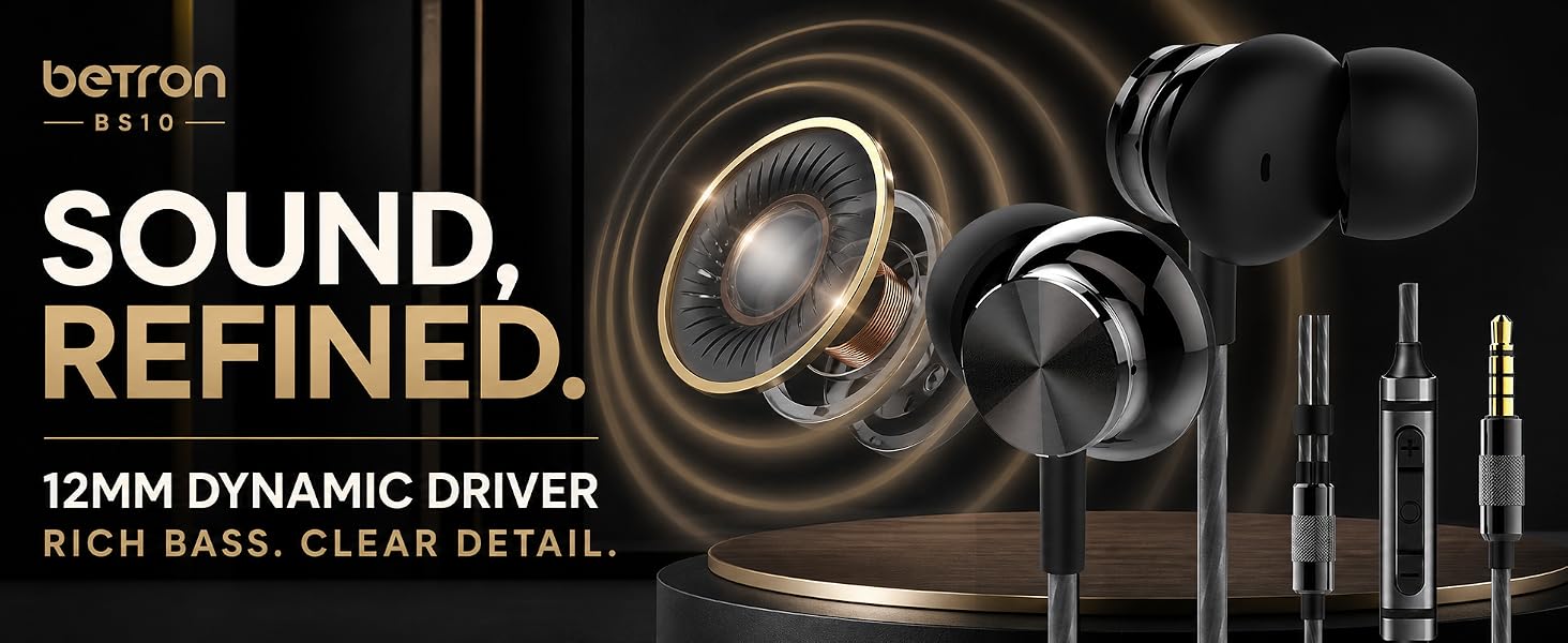 Betron BS10 earphones with 12mm dynamic driver diagram and Sound, Refined text.