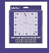 Text reads 'NON-SLIP QUILTING RULER SET'. Purple transparent quilting ruler with measurement markings and grid pattern.