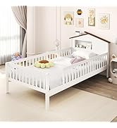 Giantex Twin Kids Bed Frame, Solid Wood Montessori Bed with Guardrails & House-Shaped Headboard, ...