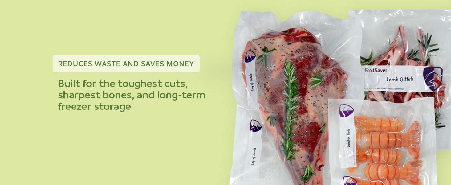 Vacuum-sealed food bags with meats and text about saving money