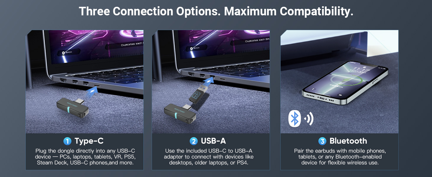 3 connection type usb-c usb c type-c type c usb a usb-a 2.4g 2.4ghz dongle 2.4 g