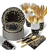 AIRE 175PCS Black Gold Paper Plates Party Supplies Dinnerware Sets for 25 Guests, Disposable Pape...