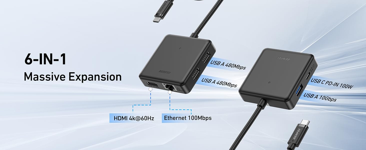 BENFEI USB C HUB 6in1 with HDMI(4K@60Hz), 100Mbps Ethernet, 100W PD, 1*USB 3.2 & 2*USB 2.0