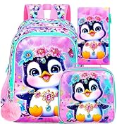 ZLYERT 3Pcs Backpack for Girls, 16" Penguin Kids Bookbag for Elementary Preschool Kindergarten, S...