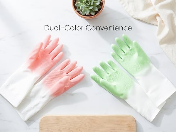 Dual-color gradient cleaning gloves in pink and green, ideal for household chores.