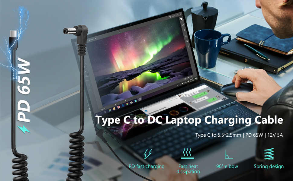 aptop Charging Cable PD Line Type C to DC 5.5x2.5mm Notebook Charging Cable for Laptop 12V